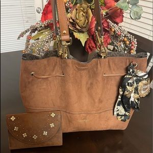 Calvin Klein camel suede tote and matching Patricia Nash wallet